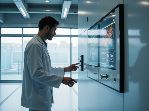 科技公司研发实验室，工程师在调试先进设备，背景有多个电子屏幕显示复杂技术图表